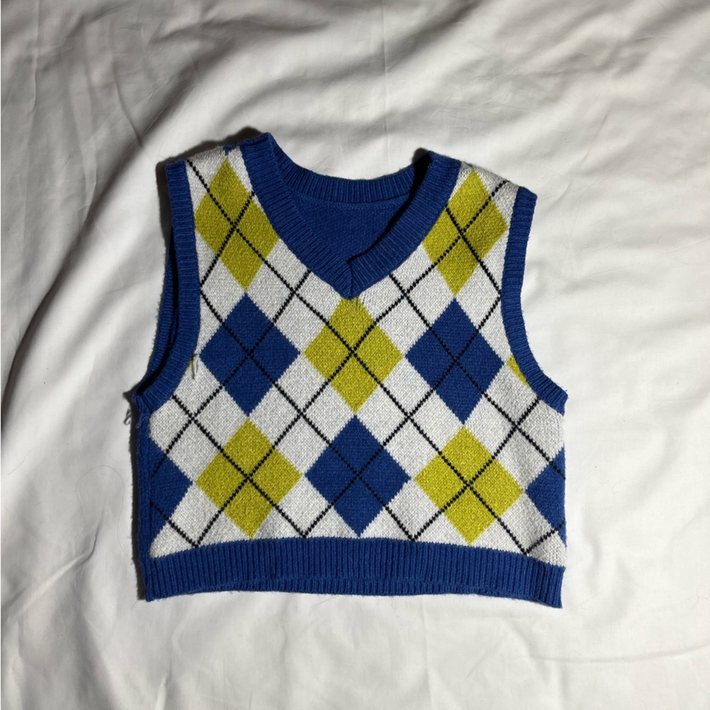 Blue and Lime Green Argyle Knit Vest